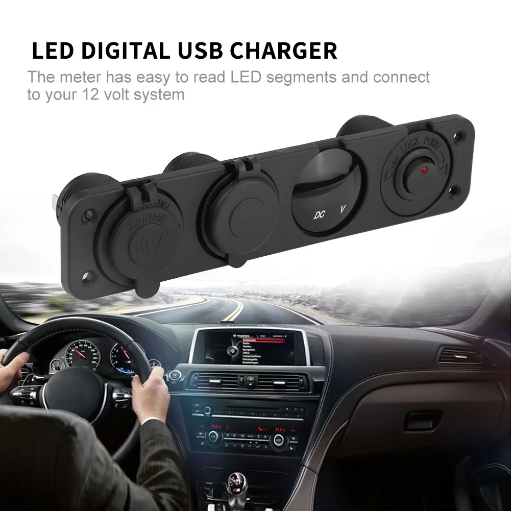 

Digital Voltmeter LED Digital USB 12-24V LED Dual USB Voltmeter Cigar Lighter Power Outlet 4 Hole Panel