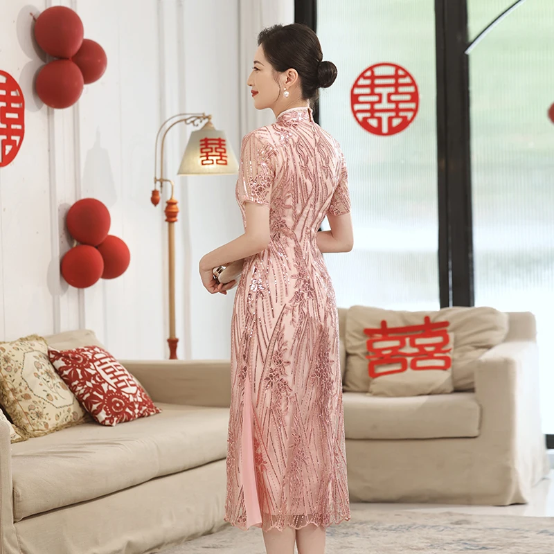 Vintage High Neck Lace Mother Of The Bride Dresses Elegant A-Line Tea-Length Sequin Lace Women Dresses For Wedding Party