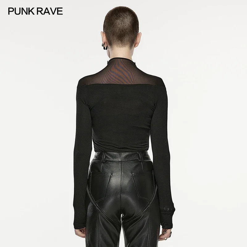 PUNK RAVE Women\'s Punk Heartbeat Mesh Long Sleeve T-shirt Daily  Stand Collar Finger Hole Design Dark Soft Elastic  Tops