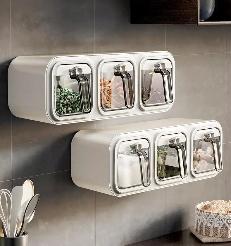 Kitchen Wall Mount Jars for spices Salt and Pepper Shaker Seasoning Jar Spice Organizer With Spoons Condiment Organizer Box