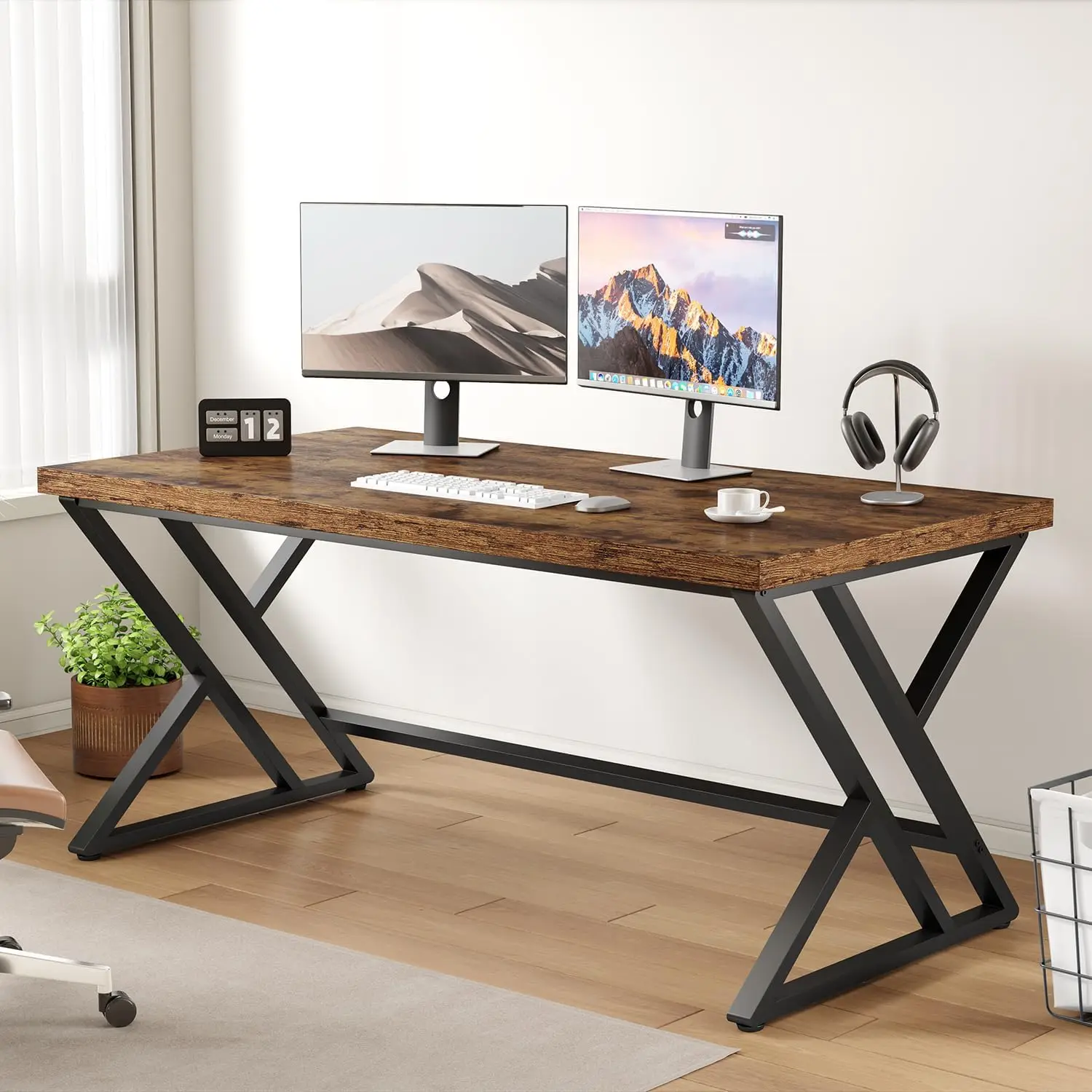 Rustic Computer Desk, 55 Inch Metal Wood Home Office Desk, Industrial Study Table with Storage for Bedroom