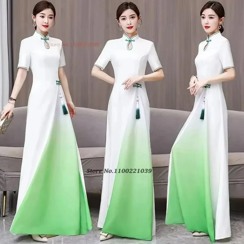 

2025 ao dai vietnam traditional dress improved cheongsam national gradient color qipao oriental banquet evening dress vestido