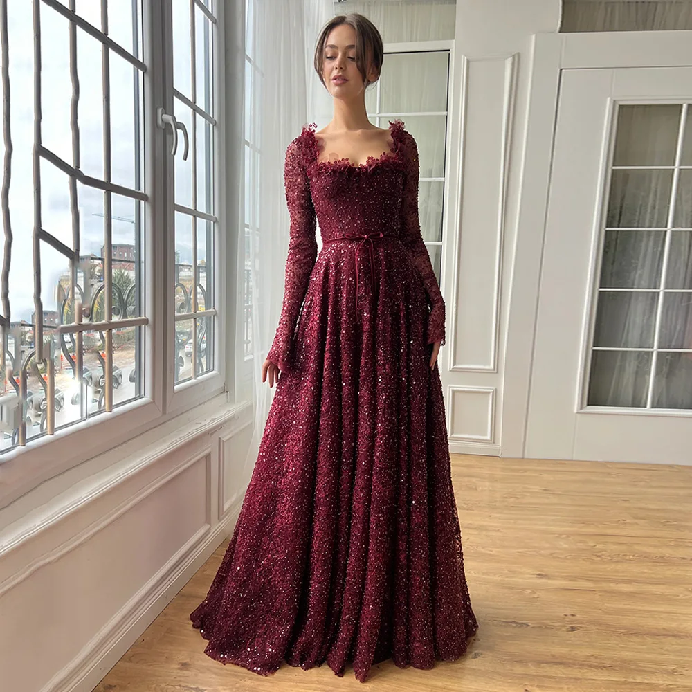 Woman Evening Dress Customized Square Neck Long Sleeves Beading Sequined Velour Belt A Line Sweep Train Prom Party Gown image 5