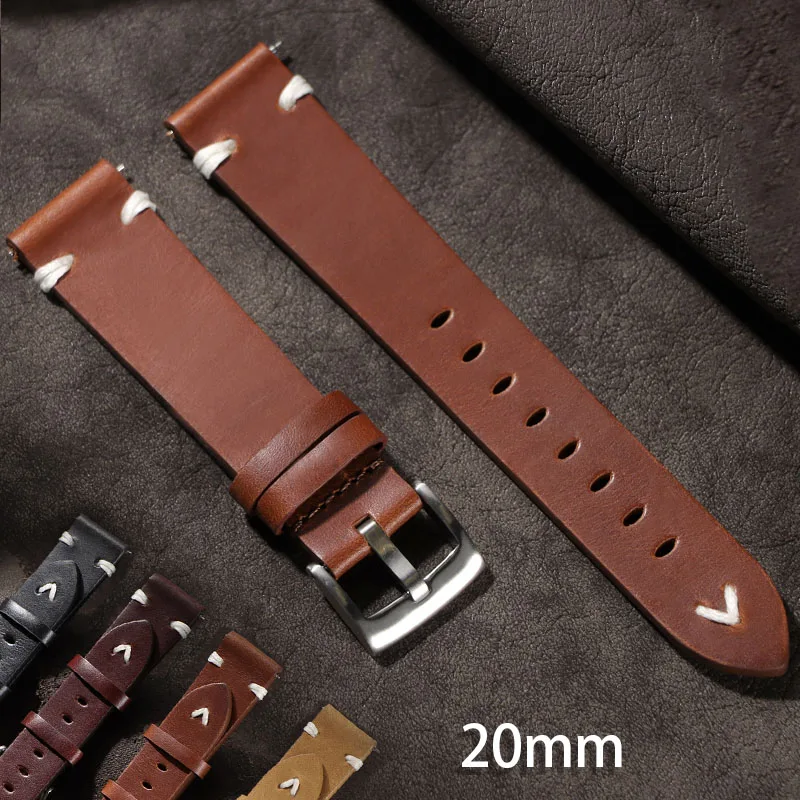 خمر الجلود حزام (استيك) ساعة 20 مللي متر النفط الشمع جلد البقر حزام ل Seiko سوار الرياضة الإفراج السريع العالمي معصمه للرجال امرأة
