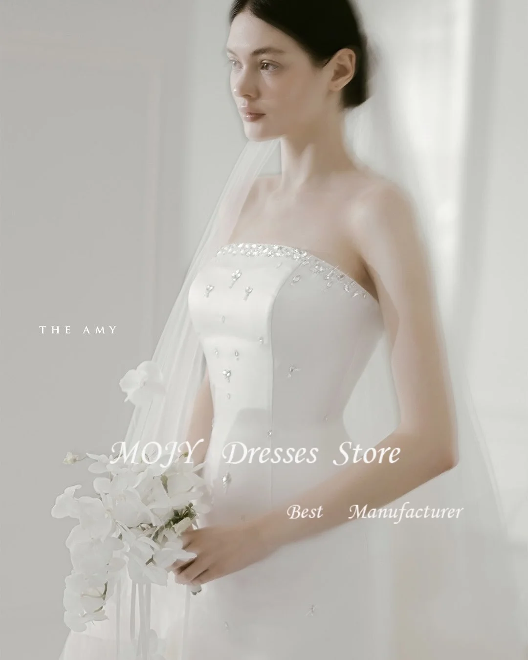 Mojy Abiti da sposa senza spalline personalizzati senza maniche in raso con perline Abiti da sposa con spacco laterale piuttosto bianco Sposa da donna