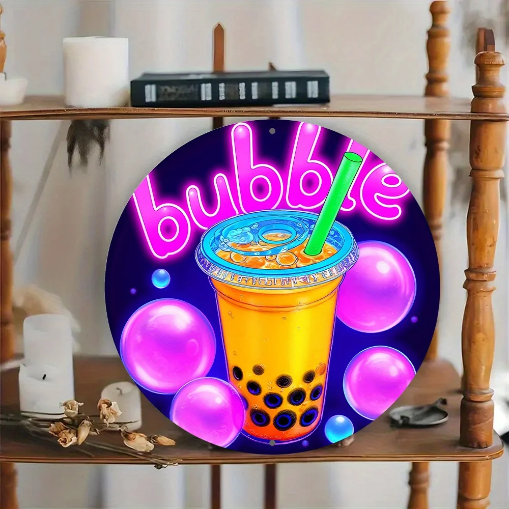 Teacup wooden wall decoration - 8-inch round bubble beverage ornament, featuring tapioca design, in neon style