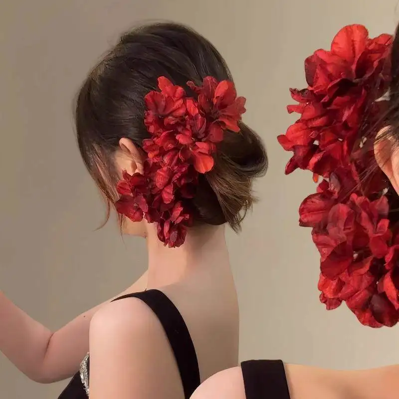 2PCSRed Flower Hair Pins For Women Elegant Burgundy Artificial Floral Hair Barrettes Romantic Blossom Hair Accessory For Wedding image 2