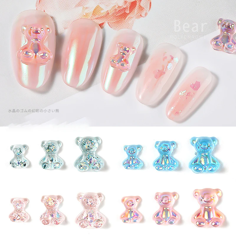 6pcs/set 3D Transparent Bear Nail Sticker Nail Enhancement Crystal Glue Illusion Bear DIY Nail Art Ornament Decorations