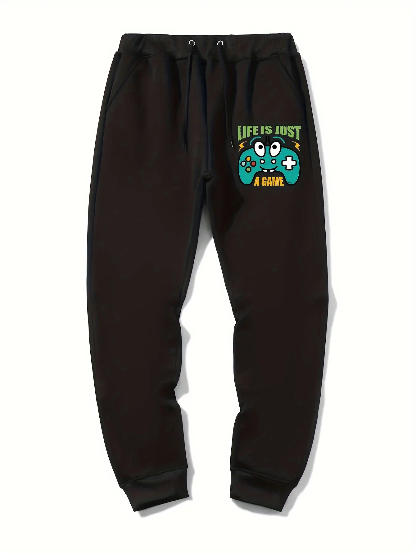Arcade‑styled Life Is Just A Game Cute Gamepad Character Art Motif Print Soft Warm Sweatpants Men Hip Hop Sports Jogger Trousers