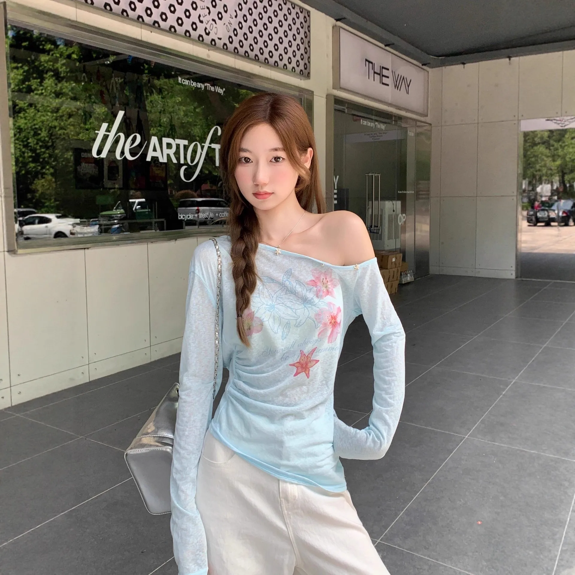 Sweet Floral Print Asymmetrical Shoulder Long Sleeve round Neck Women's T-Shirt Lightly Transparent Summer Sun Protection Top