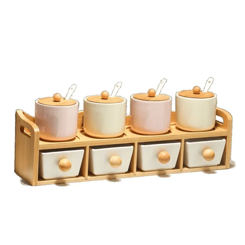 Household kitchen ceramic double-layer seasoning jar set, seasoning jar,  monosodium glutamate rack full set