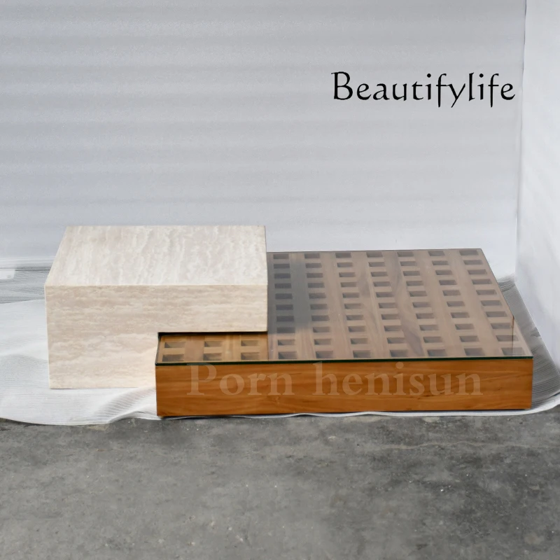 

Wabi Sansan natural travertine rectangular coffee table light luxury living room household solid wood tempered glass tea table