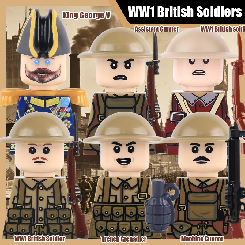 Figurines de soldats de l'armée britannique de la Première Guerre mondiale, blocs de construction, armée, guerre, infanterie, tireur, guerrier, armes, casque, sac à dos, briques DIY, jouets, cadeaux