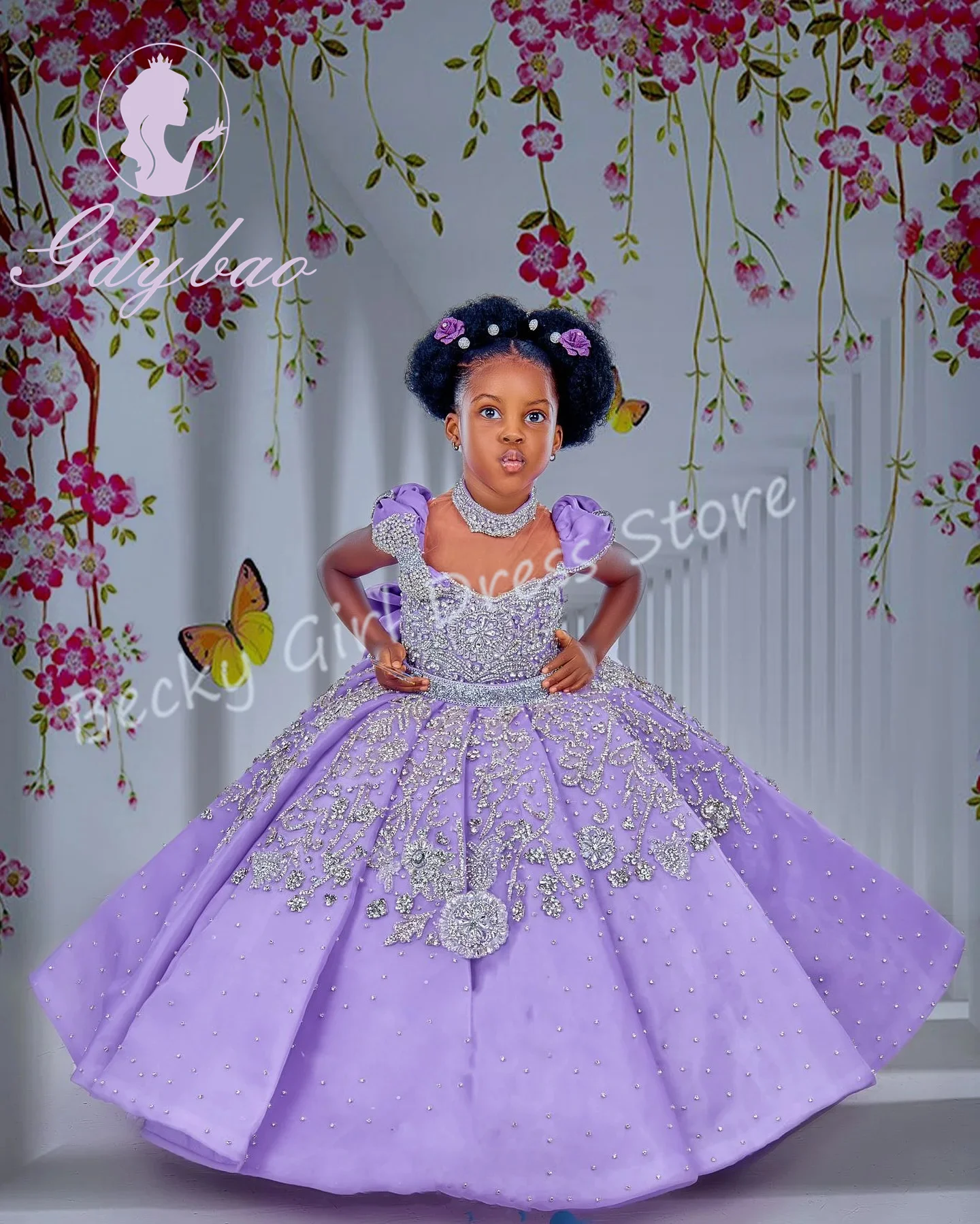 Customized Lavender Flower Girl Dresses For Wedding High Collar Crystal Floor Length Luxury Birthday Party Gift Banquet Gown