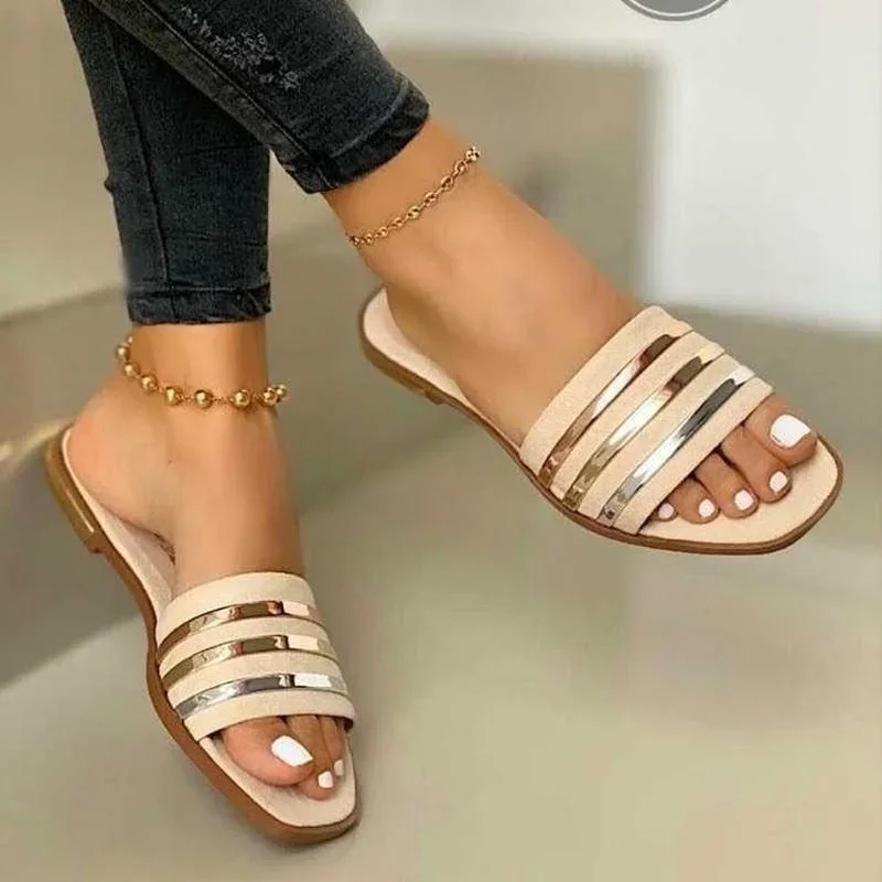 2023 New Shoes for Women Basic Women's Slippers Summer Outdoor Slippers Women Bling Gold Flat Sandals Zapatillas De Mujer