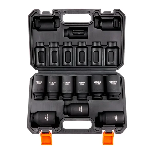 

1/2' Drive 9-Piece Metric Deep Impact Socket Set 29-38mm, 6-Point Cr-Mo Steel, with Storage Case