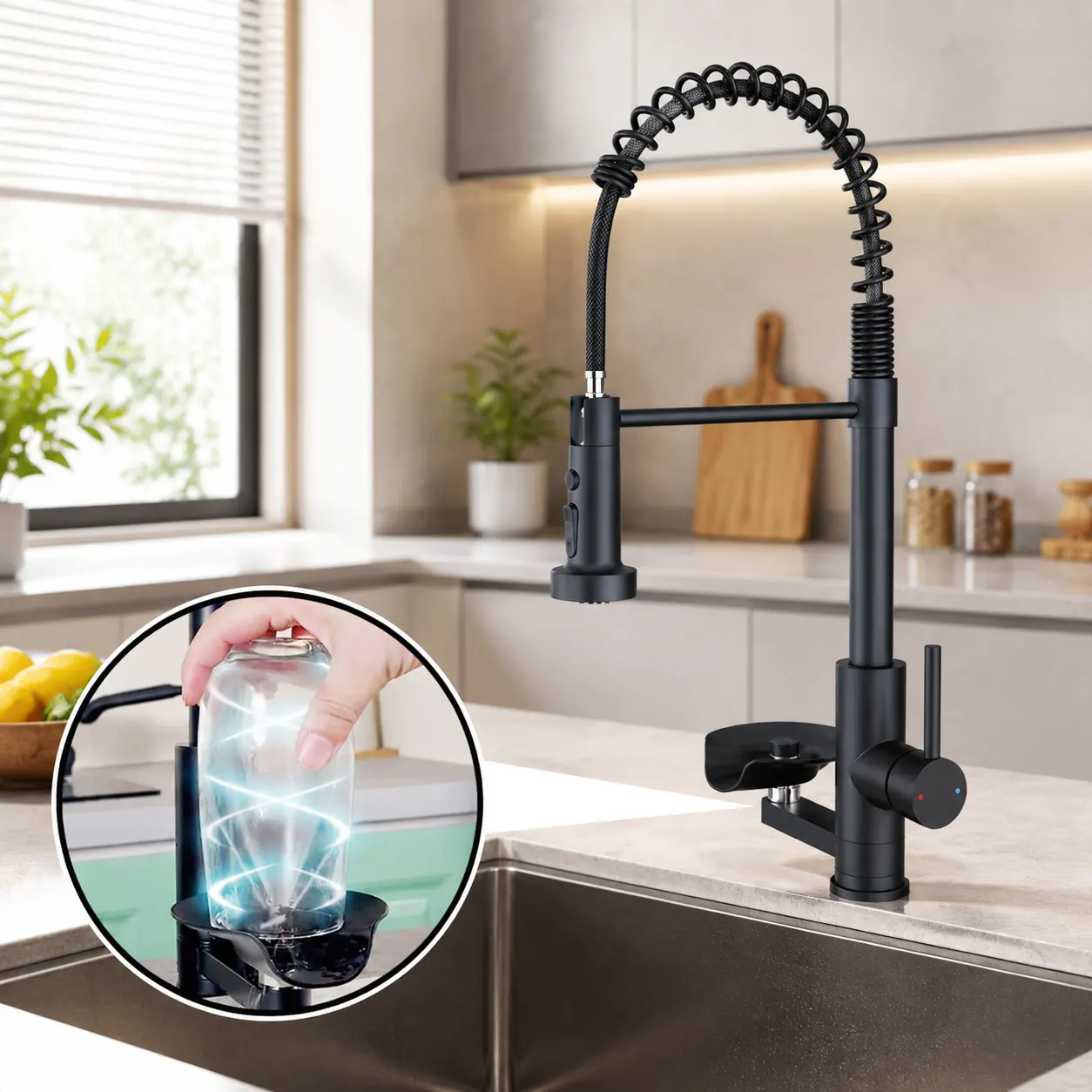 Cup Washer Kitchen Sink Faucet Deck Mount One Hole Pull Down Spring Kitchen Faucet Swivel Black Hot Cold Mixer for Kitchen Taps
