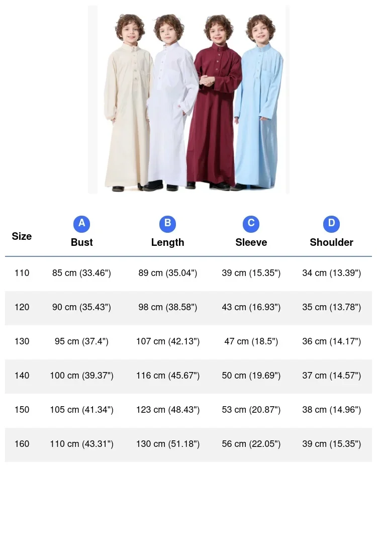 Islamico Musulmano Juba Caftano Veste Musulmano Ragazzi Robe Abito Arabo Dubai Qatar Abaya 110-160Cm Ragazzo Veste Solido Colletto Alla coreana Abito lungo