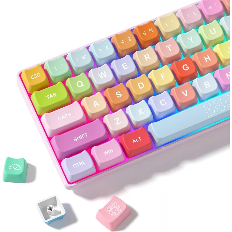 Cute Keycaps, 132 Keys MOA Profile Dye-Sublimation Rainbow Candy Cat PBT Keyboard Caps For MX Cherry Gateron Mechanical Keyboard