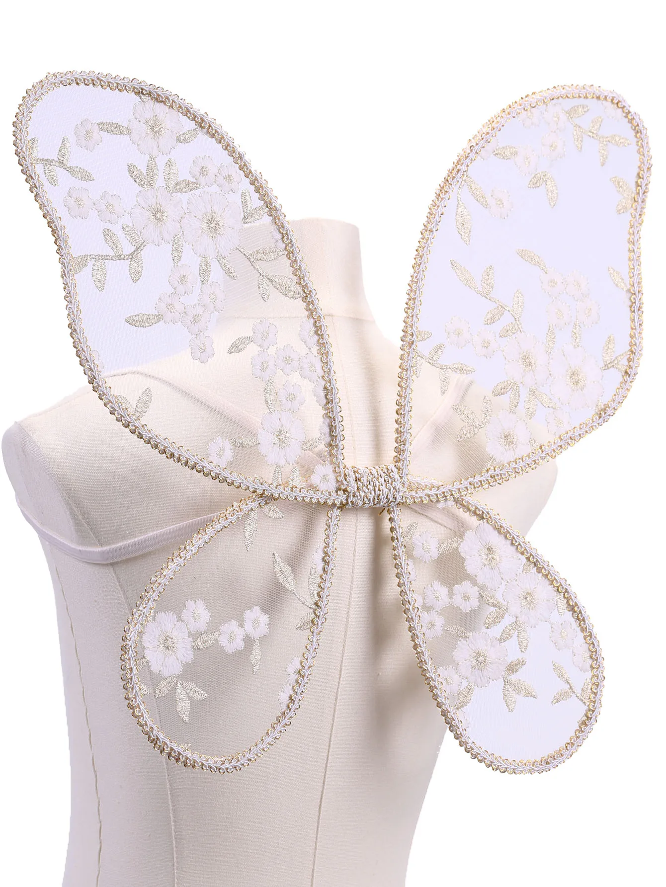 Gold Lace mesh ricamo White Flower Girl Butterfly Wings, regali di compleanno, oggetti di scena per le vacanze, accessori per il gioco (oro)