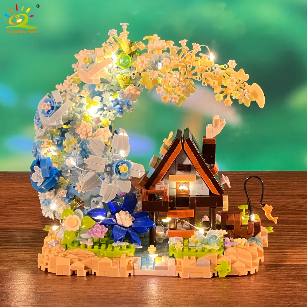 HUIQIBAO 1343 pièces MOC fleur lune maison Micro bloc de construction maison en bois modèle diamant brique jouet pour enfants décoration de bureau