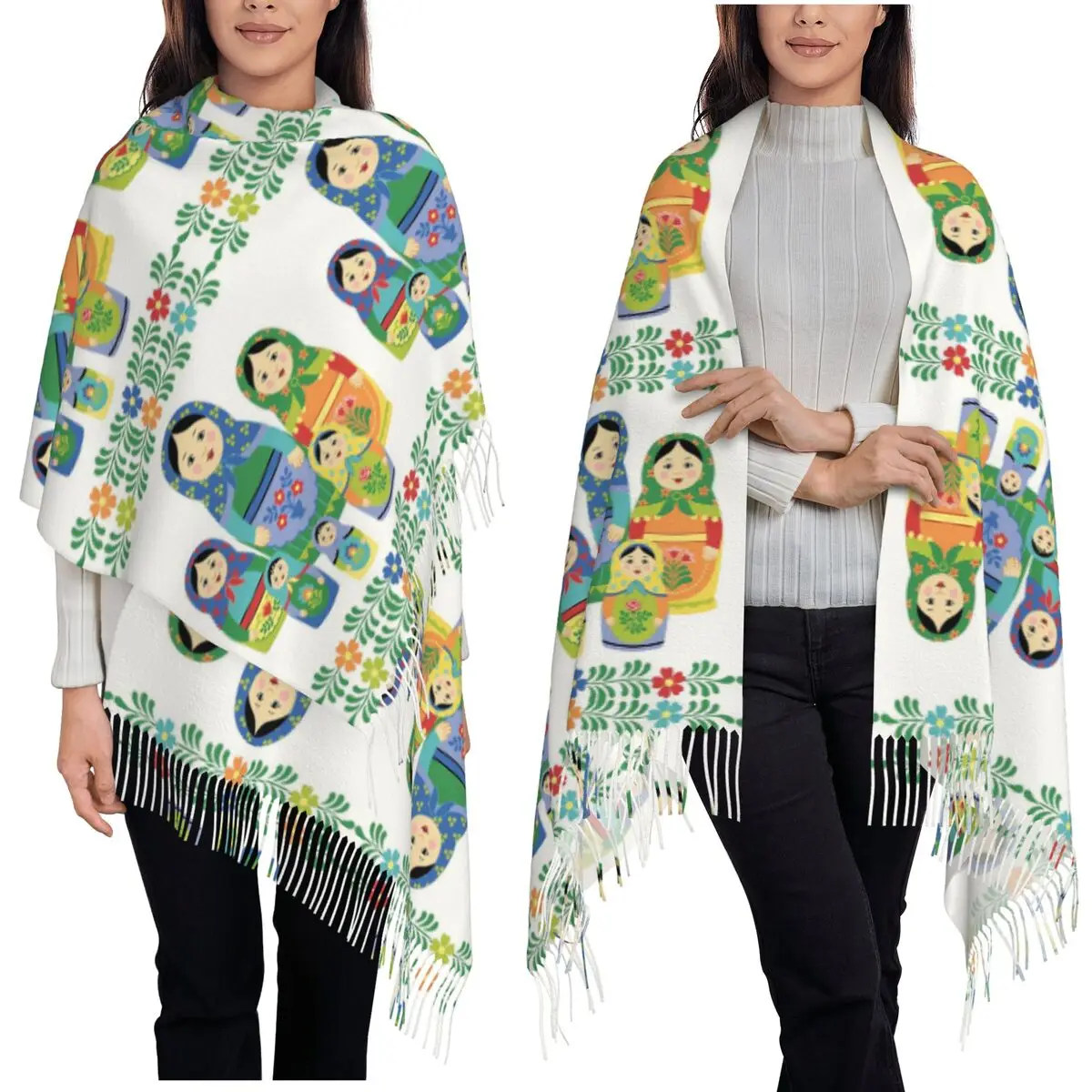 

Русская матрешка, шарф с кисточками, женские мягкие теплые шали и накидки, большая осенне-зимняя шаль