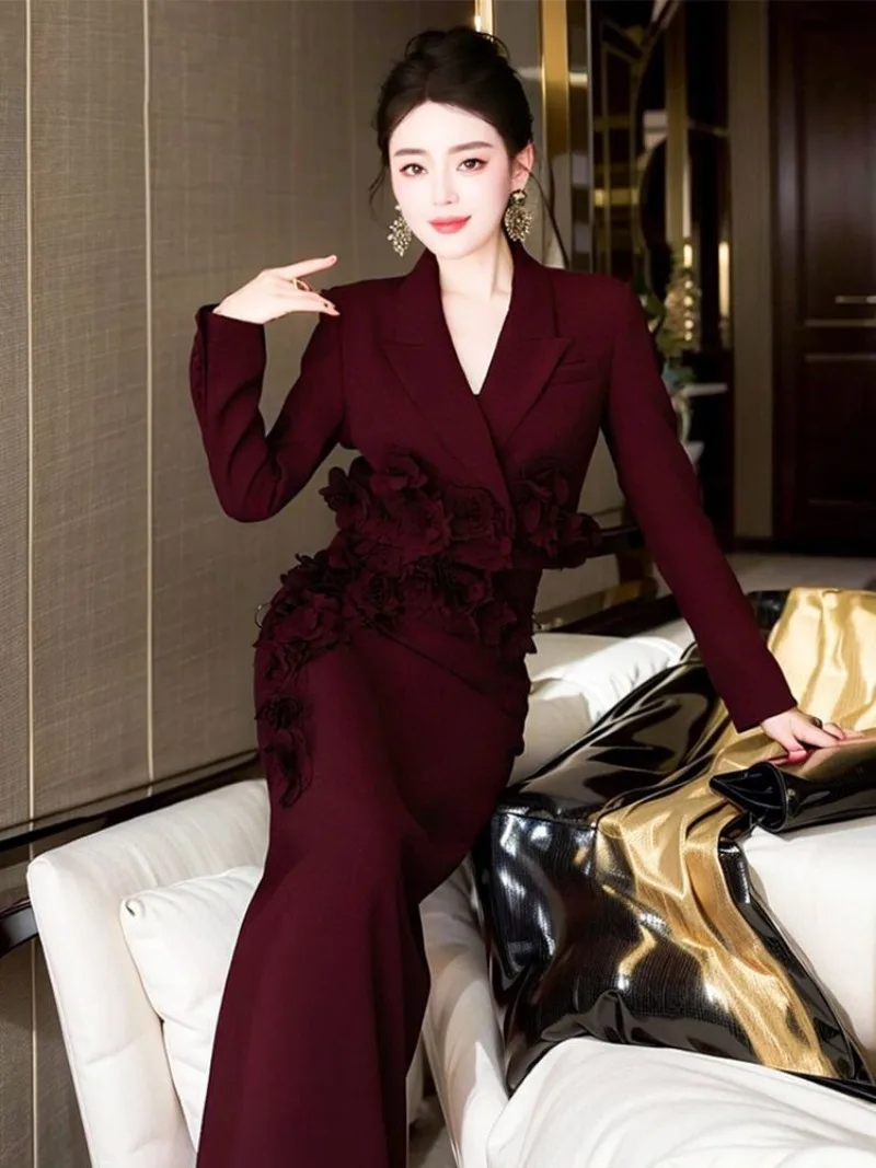 

New Korean 3D Flower Fashion Women's Two Piece Set High End Slim Long Sleeved Fashion Blazer Top + Wrapped Hip Skirt Suit