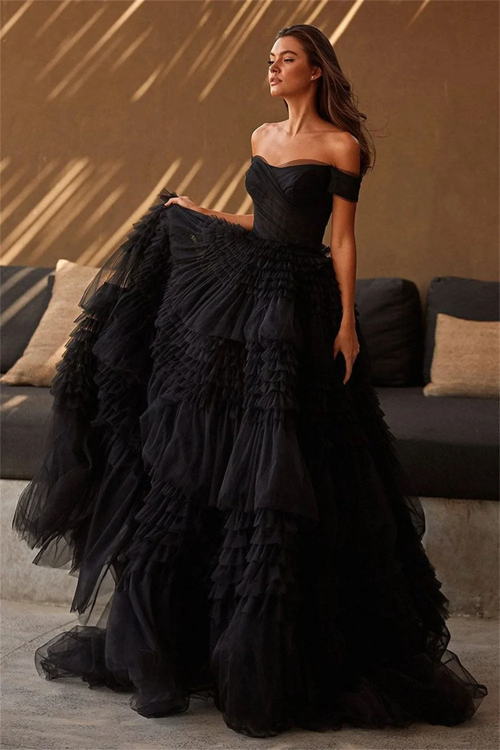 Sansa Sexy Off Shoulder Prom Dress Black Multilayer فستان حفلات الزفاف Luxury Ball Gown Tulle Puffy Robes De Soirée