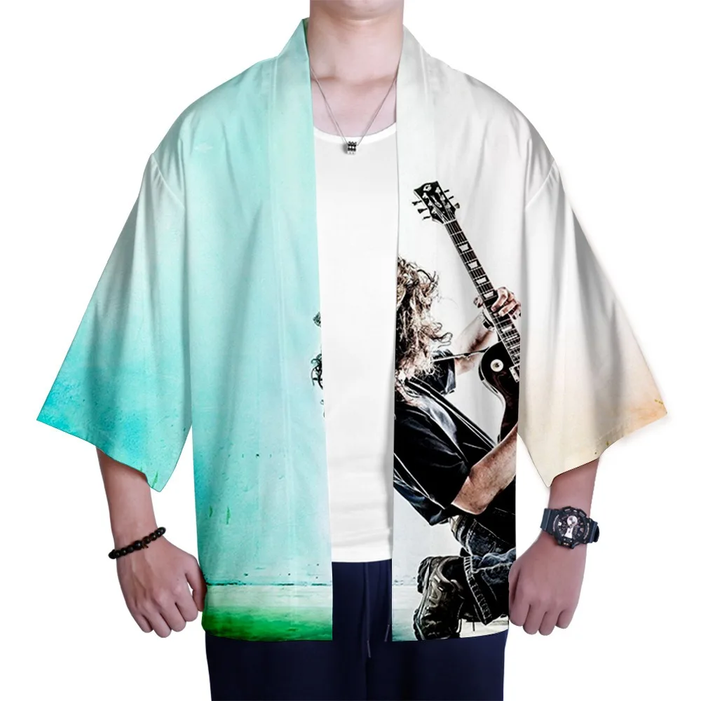 

Summer Samurai Kimono Men Cosplay Music Guitar Print Haori Streetwear Kimono Japanese Fashion New Yukata Cardigan Robe Hot Sale