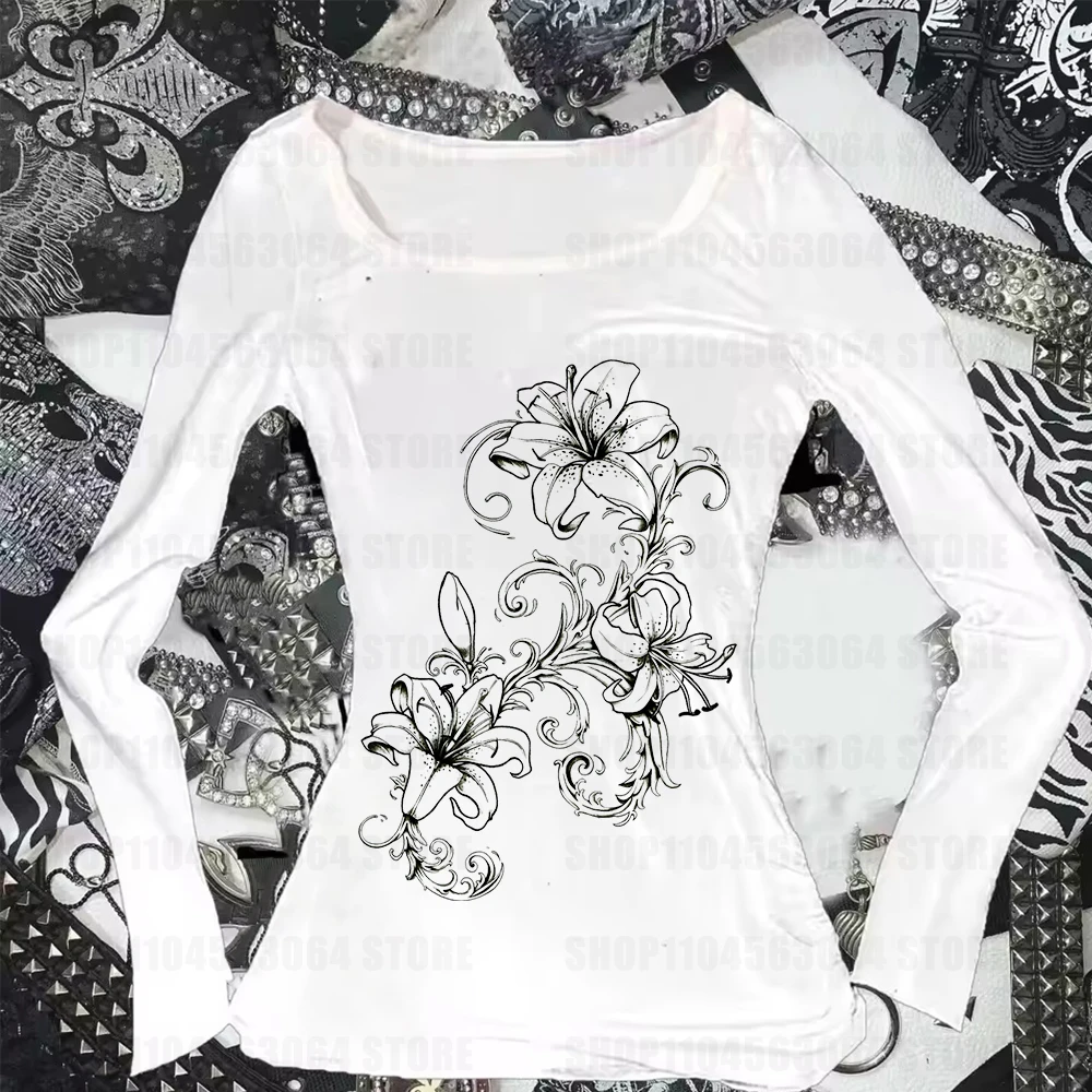 

Y2K women's slim fit white long sleeved antique style printed T-shirt simple daily versatile autumn and winter base coat