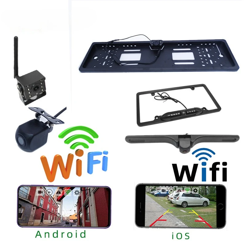 ユニバーサルeuナンバープレートフレームバスバックアップカメラhd-wifiワイヤレススマートフォンアプリ表示ナイトビジョン防水オート