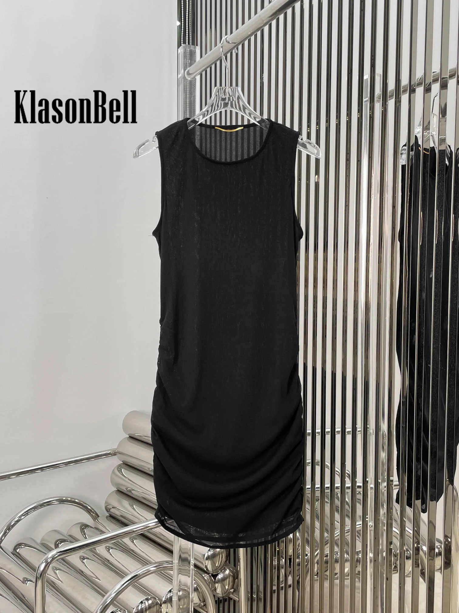 7.18 KlasonBell Women Sexy Sheer Crepe Ruched Sleeveless Dress 2024 New Summer Stretch Slim Thin Mesh Package Hip Dress