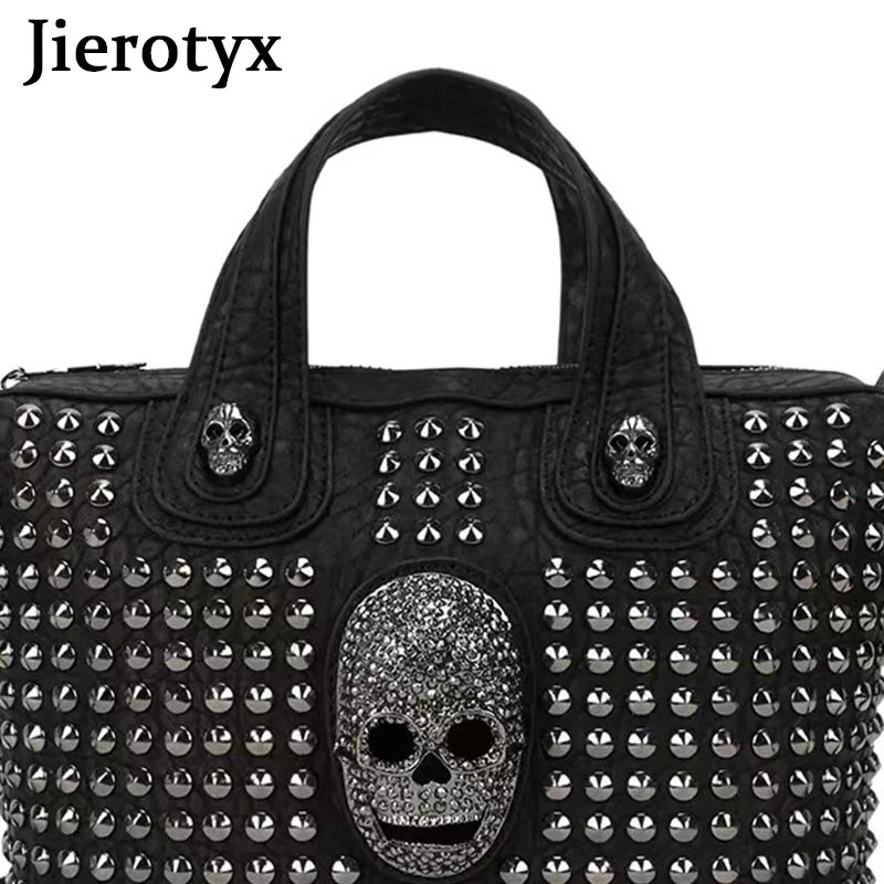 JIEROTYX Women Handbag Casual Punk Skull Purse Leather Top Handle Rivet Shoulder Crossbody Bag Studded Gothic Bags Long Strap