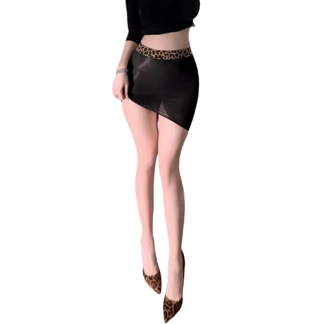 Perspective Silky Smooth Shiny Leopard Print Horse Oil Wrap Skirt Sexy Tight Short Skirt Hot No Take Off Sexy Lingerie for Women view 6