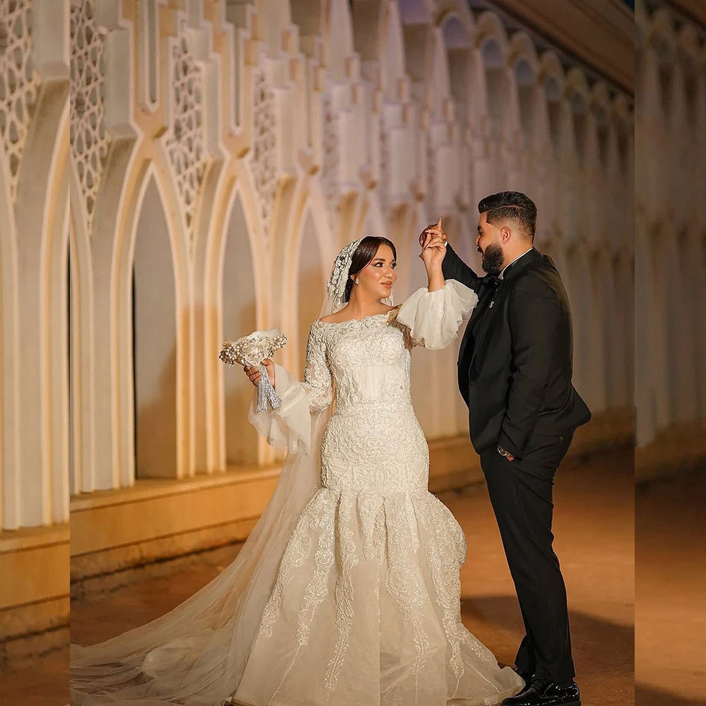 

Изысканные свадебные платья с аппликациями с вырезом лодочкой и расклешенными рукавами Платье невесты-русалки Sweep Trian Church Свадебное платье по индивидуальному заказу