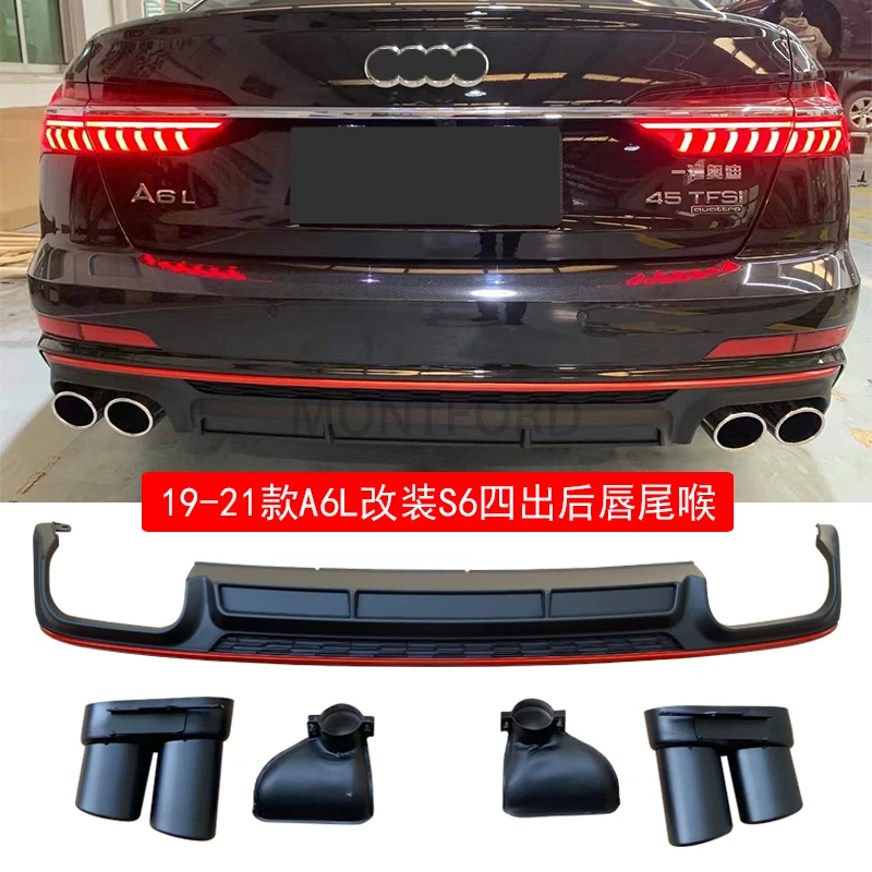 ABS REAR BUMRear Lip Spoiler & Exhause For Audi C8 A6 = S6 2019 2020 2021 High Quality PP Bumper Diffuser Car Modification Acces