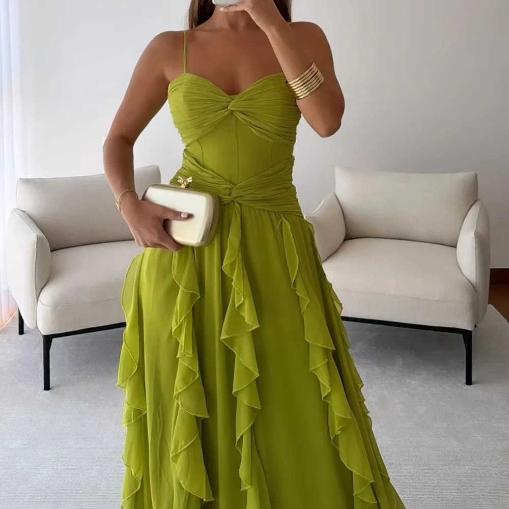 Women Spaghetti Straps Chiffon Evening Dresses Sweetheart Neck Ruched Bodice Ruffled Skirt Formal Wedding Guest Prom Dresses