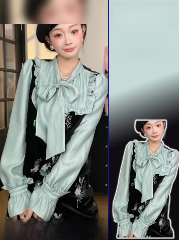 

plus Size Women's Vintage Embroidery Long Sve irt Dr Two-Piece Set Spring Faion Outerwear Korean Sle