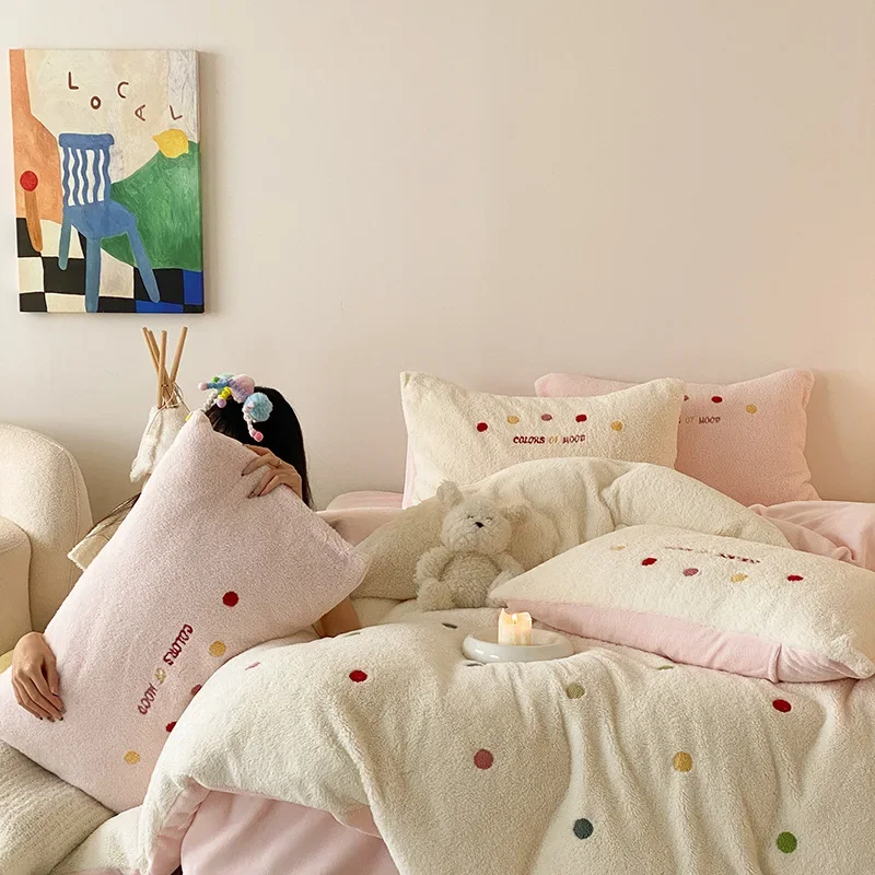 Korean ins style color polka dot sheep milk fleece four-piece girl heart embroidery quilt cover