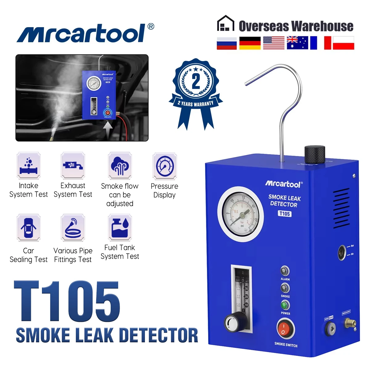 MRCARTOOL T105 Car EVAP Smoke Machine Vacuum Leak Tester Pipe Leakage Analyzer Engine Smoke Detector Tool for Auto Repair