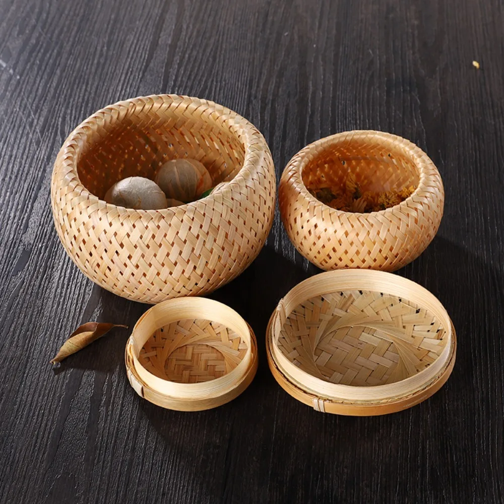 

Double Layer Bamboo Weave Basket with Cover Retro Tea Box Handmade Pastoral Style Bamboo Food Storage Jars Snack