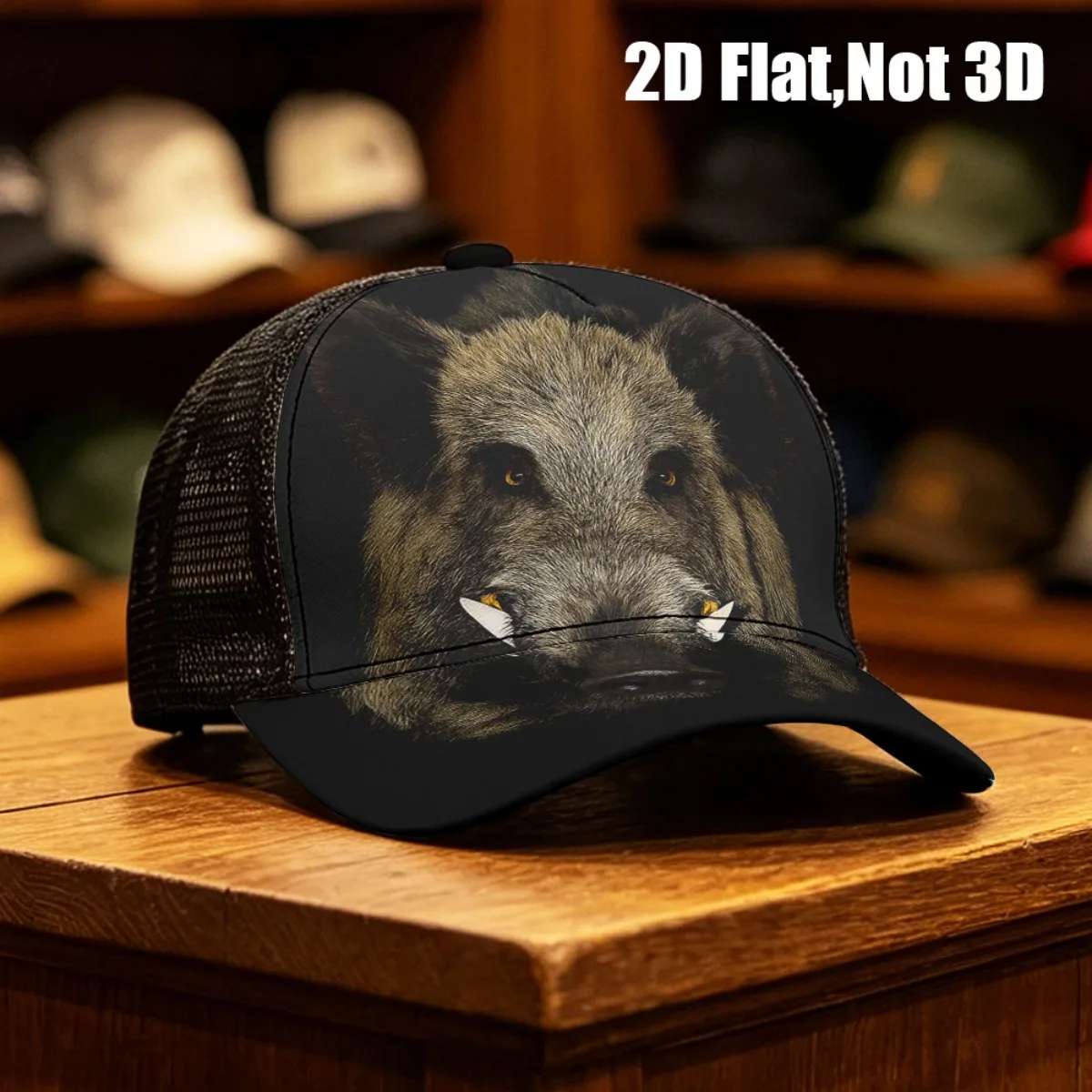 1pc 2D Flat Baseball Cap with Fierce Wild Boar Head Amber Eyes Tusks Print Breathable Mesh And Comfortable Fishing Hat