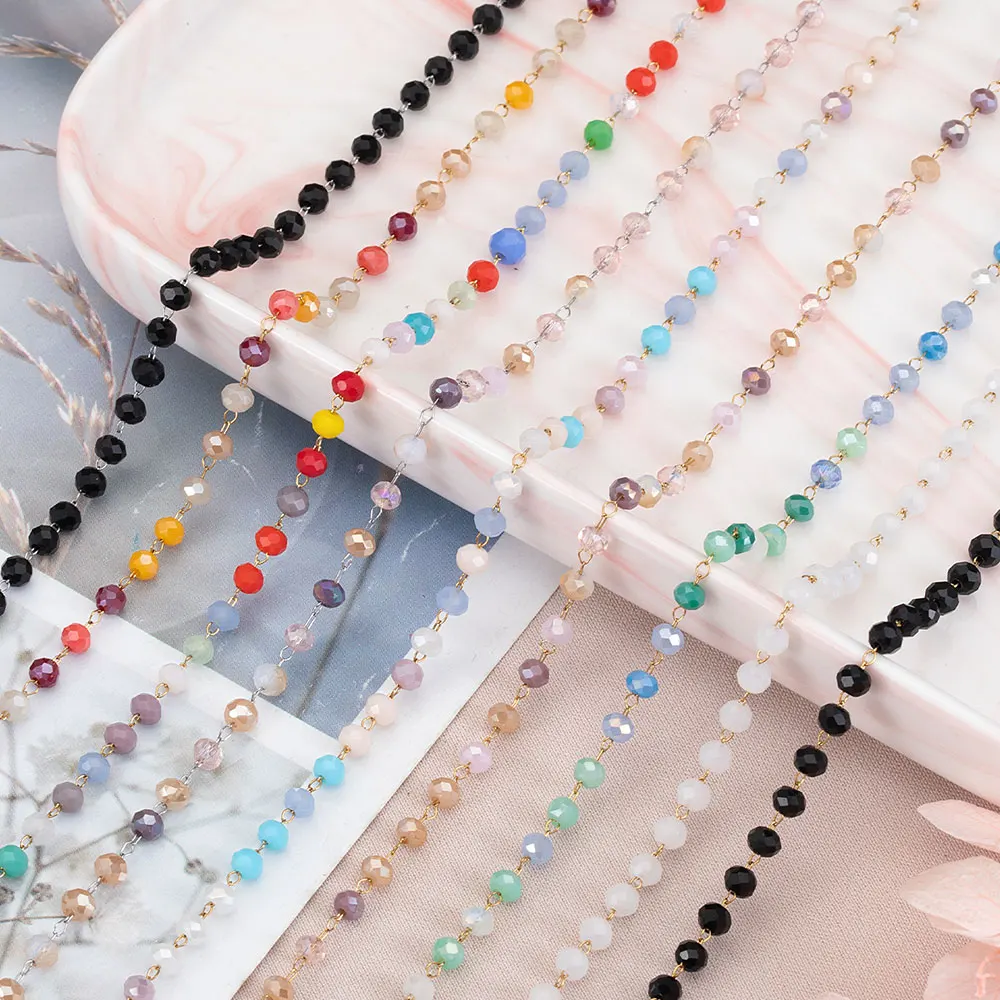 1meter Stone Stainless Steel Chain Muti-color Crystal Beaded Chains Link for DIY Jewelry Making Necklace Bracelet Findings