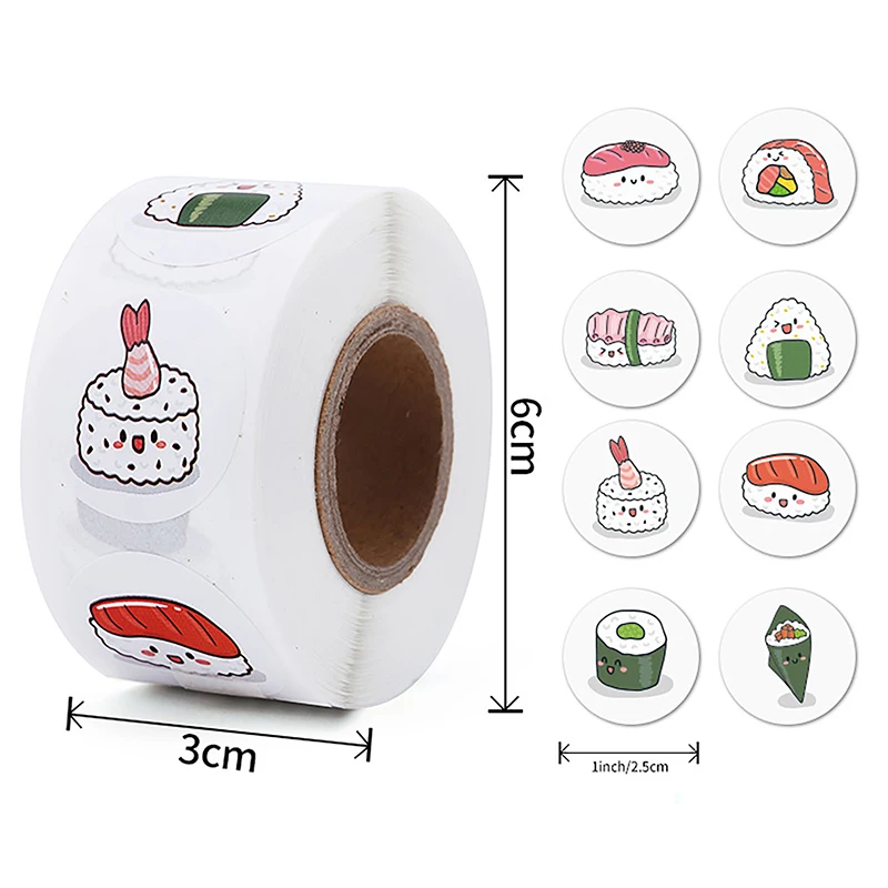 【1Roll 2,5 cm ronde cartoon sushi patroon sticker verjaardag bruiloft decor sticker gebakken dessert lunchbox label sticker】