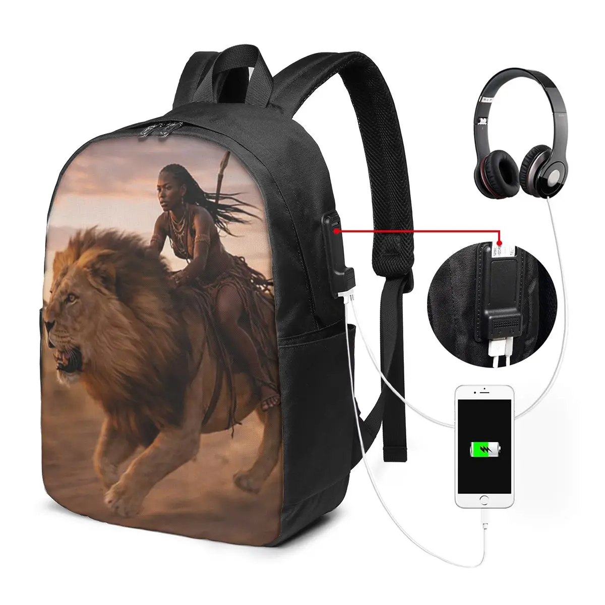 Woman Riding A Lion Holding A Sword Backpack Travel Notebook Bag Computer College Student School Bag Laptop Shoulder Bags