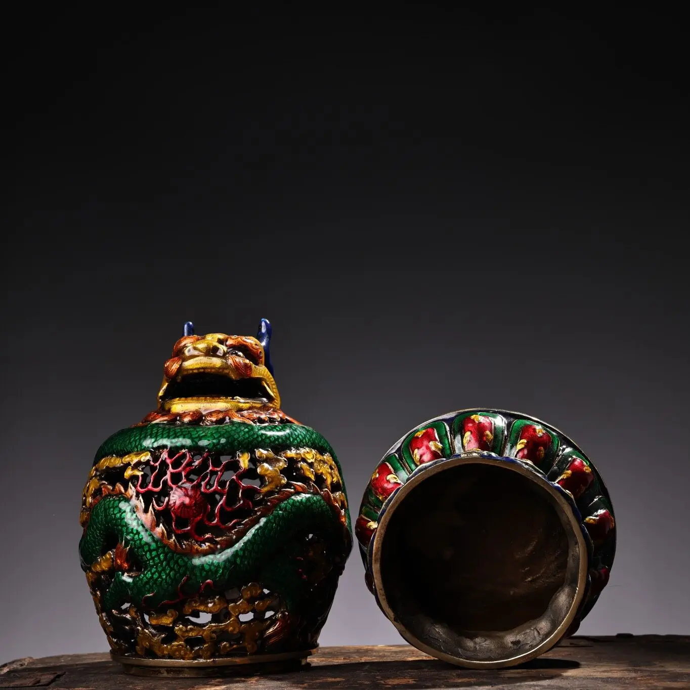 Tibetan Pure Copper Cloisonné Coiled Dragon Incense Burner Enamel Painted Home Decor Gift