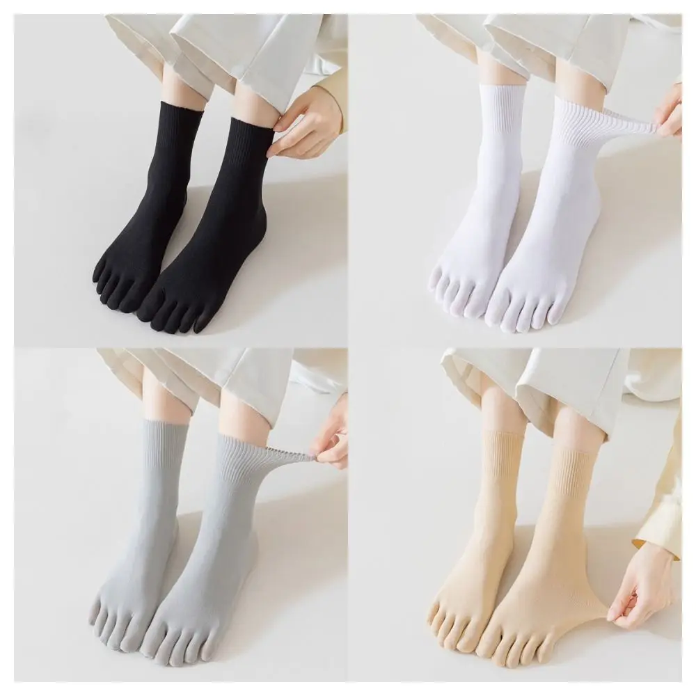 Elastic Short Hosiery Five Finger Socks Solid Color Thin Five Toe Mid Tube Socks Breathable Split-toed Running