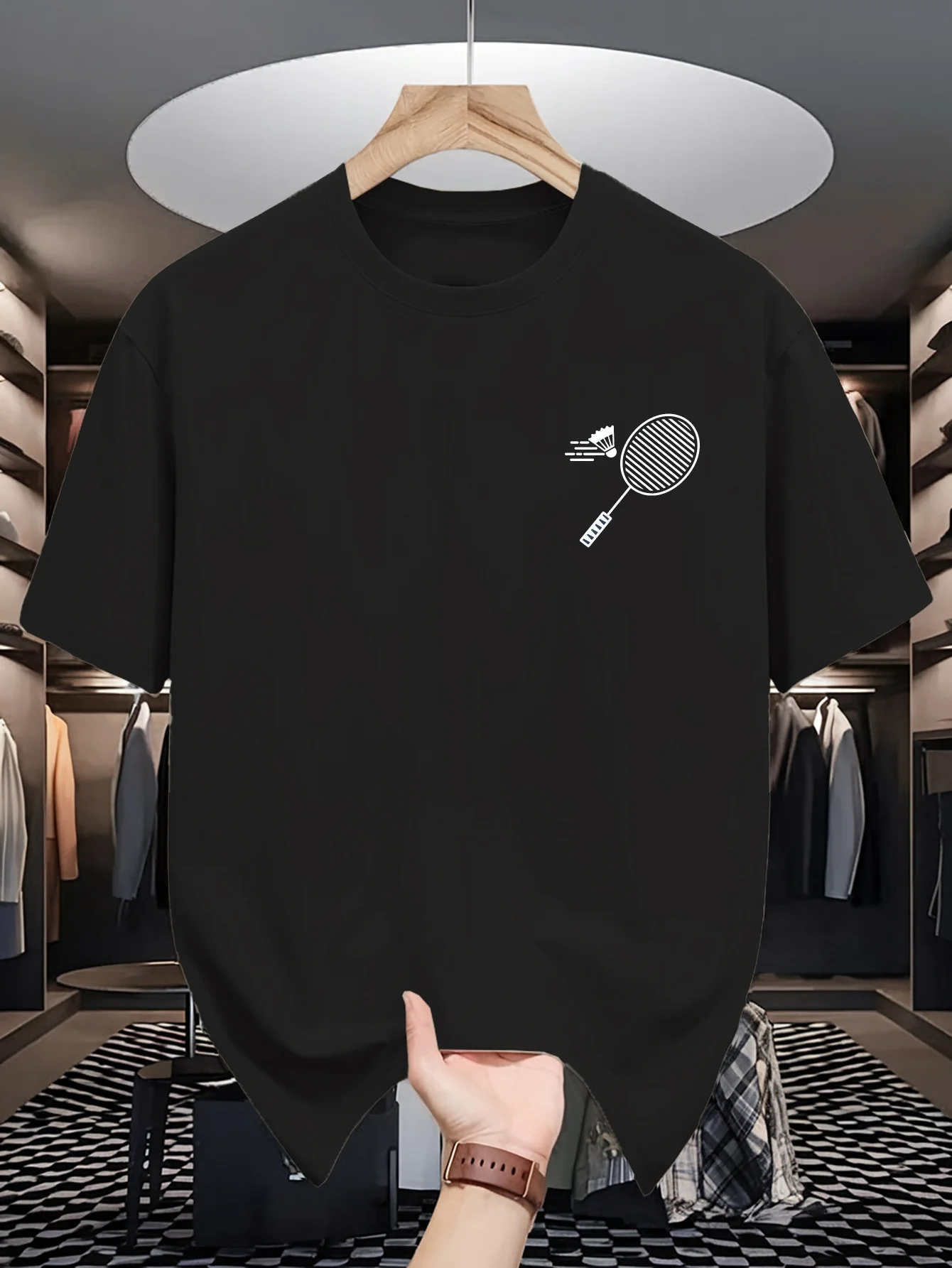 Mens Crew Neck T Shirt Minimal Chest Badminton Racket Shuttlecock Graphic Short Sleeve Casual Cotton Sports Hobby Lover Daily Te