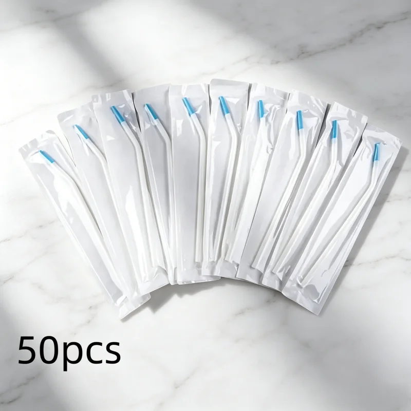 

50Pcs/Box Dental Suction Tips – Curved Saliva Ejector, Individually Sealed, Dentistry Consumable Material