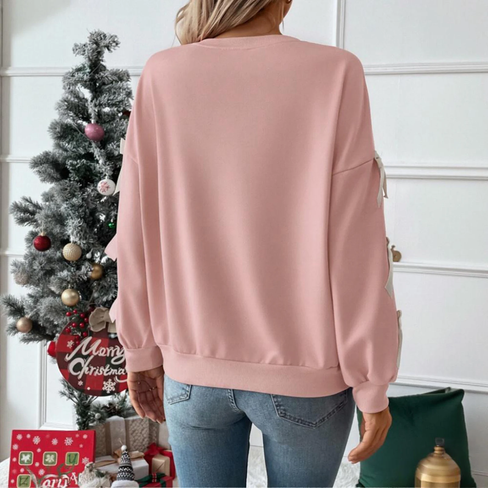 Mulheres pulôver topos manga longa arco sweatshirts o pescoço solto emendado casual básico pulôver primavera outono senhoras topos